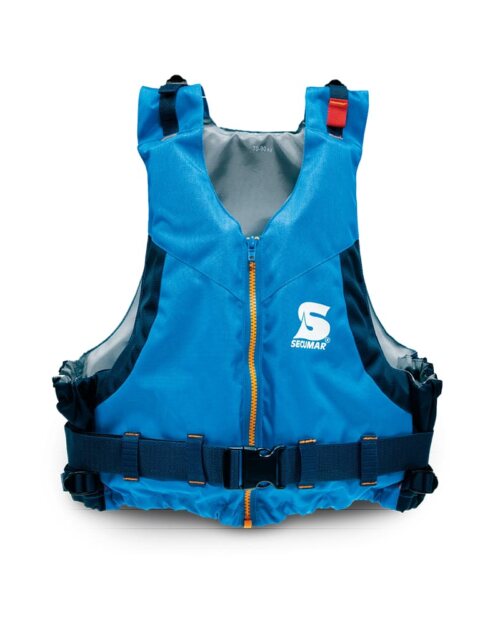 Die Secumar | Schwimmweste Camino ist eine Rettungsweste in Blau und Grau mit Frontreißverschluss, schwarzen verstellbaren Trägern und einer kleinen roten Schlaufe an der Schulter. Sie trägt das Markenlogo in Weiß. | Schäffeler Wassersport