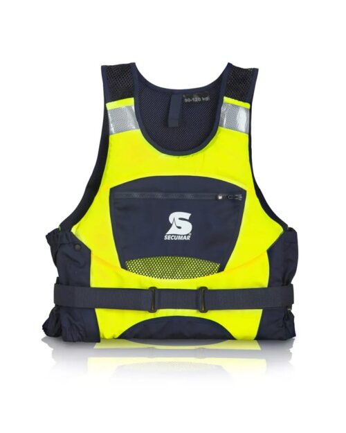 Die Secumar | Schwimmweste Jump Pro ist eine gelb-schwarze Schwimmweste mit einer zentralen Reißverschlusstasche, reflektierenden Schulterstreifen, verstellbaren Trägern und dem Markenlogo in Weiß auf der Vorderseite auf einem schlichten weißen Hintergrund. | Schäffeler Wassersport